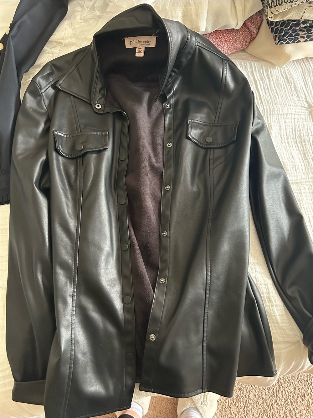 Philosophy Black Faux Leather Shirt Jacket with Snap Front